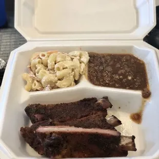 Ribs, mac salad &amp; sweet baked beans. Not pictured: melon juice!
