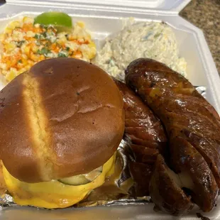 Amazing Smoked Brisket Cheese Burger, Craft Sausage, Street Corn, and Loaded Potato Salad for the win!