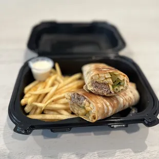 Beef kabob wrap with fries- 10/10 recommend!