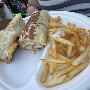 Chicken Shawarma (minus a piece) and fries (some eaten)