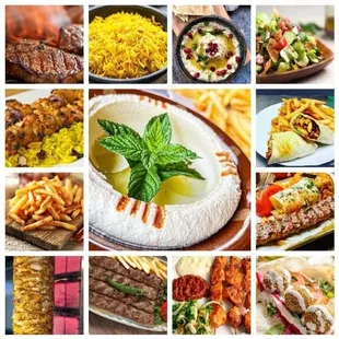 Shawarma -Falafel - fresh beef kebab -grilled steak tenderloin-Hummus-Mutabal-Fattoush Salad-Shish tawook chicken