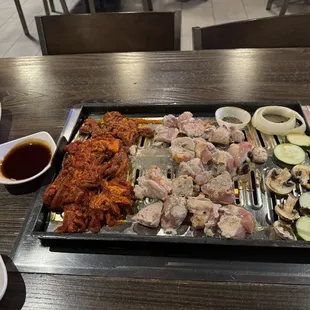 Spicy Pork Bulgogi, Teriyaki Chicken, vegetables from the &quot;salad bar&quot;