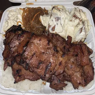 BBQ Chicken Plate  Size - Regular  Sides: Mac Salad  Long Rice  2 servings of potato salad