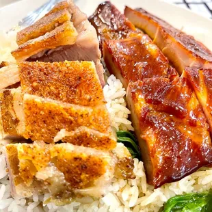 2 meats over Rice: bbq Ribs &amp; Roast Pork