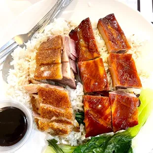 2 meats over Rice: bbq Ribs &amp; Roast Pork