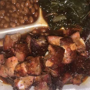 Rib tips, collards and bake beans