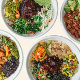 BBQ Mexicana Bowls: Smoked Tofu, The Coop, Brisket Lover and BLTA Salad