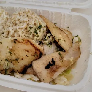 Garlic fish, basa. Brown rice and macaroni salad.  Mini plate.