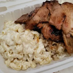 Bbq chicken.  Brown rice and macaroni salad.  Mini plate.  3 pieces Bbq chicken.