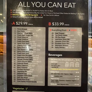 Current menu selection and pricing