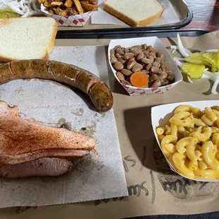 Plate with sausage, turkey and 2 sides for $20