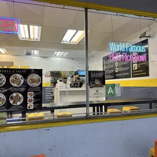 Front window &quot;world famous BBQ rice bowl&quot; + menu