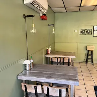 a table and chairs in a restaurant