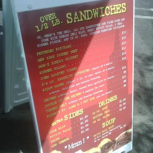 All sandwiches are 1/2 lb. and come with deli slaw, potato salad, a kosher pickle and 12 oz. soda