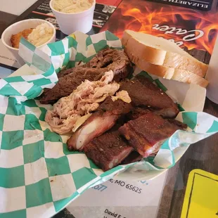 Three meat plate - Brisket, Chicken and Burt ends. $20