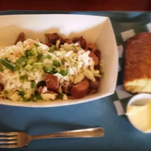 a plate of food and a fork