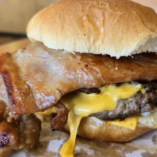Double cheeseburger with extra cheese and a la carte BBQ chicken. $9.90.