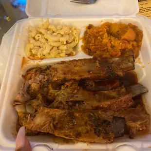 Pork ribs Mac and yams. The Mac is more like wet noodles tho with NO cheese just runny wet noodles