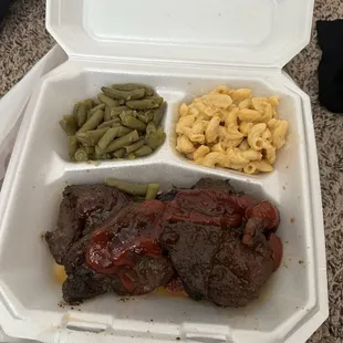 This was mac and cheese, green beans, and either the Jerk Pork or Chicken! I believe it was the Jerk Pork.