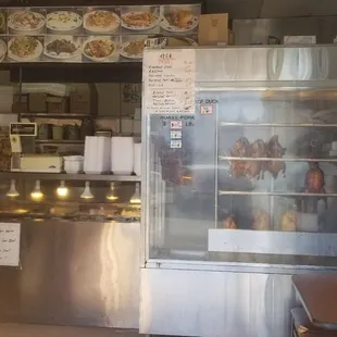 Glass case full of roast ducks &amp; chix