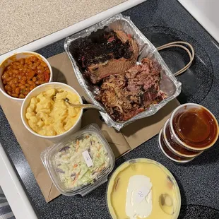 Brisket, Pulled Pork, Mac &amp; Cheese, Beans, Coleslaw, Banana Pudding