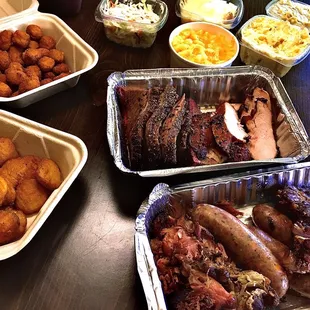 Brisket/Smoked Turkey Breast/Pulled Pork/Original Beef Sausage/Mac &amp; Cheese/Banana Pudding/Fried Okra/Fried Pickles/Potato Salad/Coleslaw