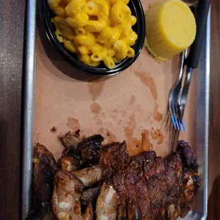 Rib tips, Mac and cheese and cornbread