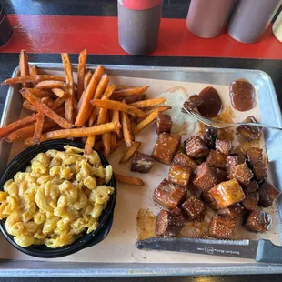 Burnt Ends with Sweet Potato Fries  Smoked Gouda Mac and Cheese