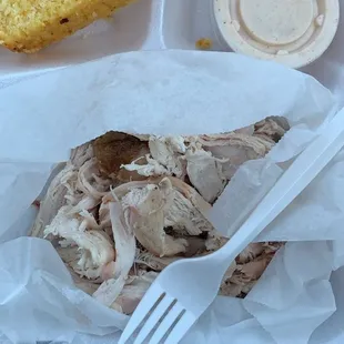 1/2 pound pulled chicken, white sauce, corn lite bread