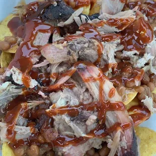 Bbq pork nachos with hot bbq sauce