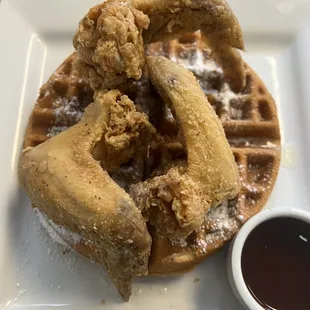 Chicken wings and waffles w/ hot honey