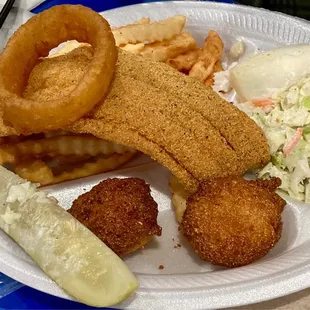 Fried Fish Friday 2 piece (1 of the pieces had already been devoured) + an onion ring stolen from another plate.