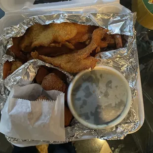 Pan catfish , shrimp, okra and collard green with turkey.