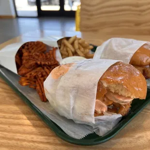 Lunch for two, with drinks... $30-ish. Good chicken sandwiches (white hot Buffalo and classic), fries and Sweet Potato Waffle Fries.