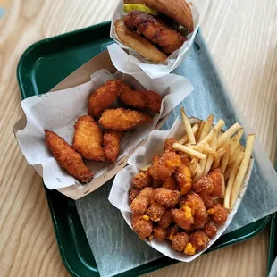 Cheese curds; fries; chicken dunkers; Classic chicken sandwich.  Cheese curds and dunkers are both gluten-free.