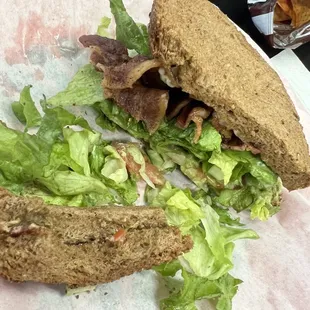 BLT very crispy bacon fresh tomatoes avocado lettuce wheat bread. I&apos;ll give a ten first time here.