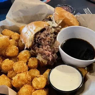 Prime rib French Dip and tator tots