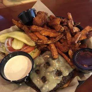 Mushroom and swiss burger with sweet potato fries
