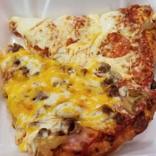 Pepperoni and "Jason's combo" pizza slices