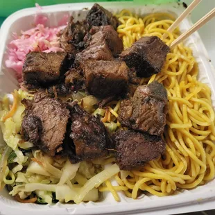 Beef brisket, yakisoba, cabbage salad, veggie stir fry