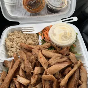 Double protein chicken, broccoli, brown rice and salad with white salad dressing, regular teriyaki and spicy teriyaki sauces