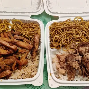 Yakisoba, spicy teriyaki, pork, white, and brown rice