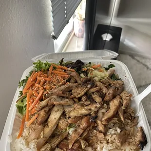 Chicken Teriyaki with rice, green salad and veggies