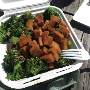 Tofu over broccoli