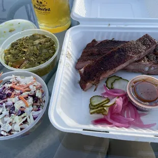 Ribs, green chili rice, and jalapeno slaw