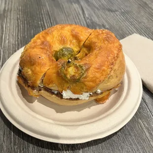 Jalapeño cheddar bagel with vegetable cream cheese