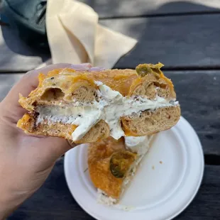 Jalapeño cheddar bagel with garlic and herb cream cheese, yum!