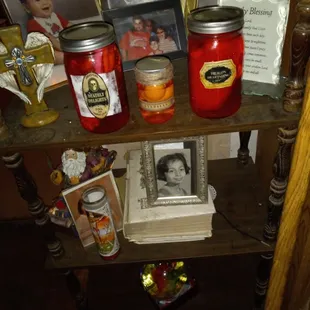Handmade Halloween decorations 1. Bloody hand in a jar. 2 human eyeballs in a jar  3. Heart in a jar  4. Brain in a jar