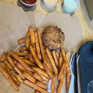 Salmon cake with sweet potato fries