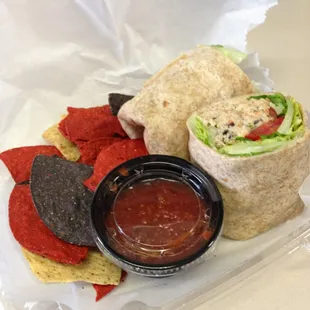 Spicy tuna salad wrap. Not spicy but really fresh and delicious (and without all the mayo, yay)